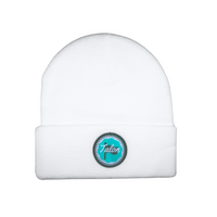 White Knit Beanie w/ Green &Teal Circle Logo